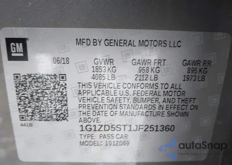 2018 Chevrolet Malibu Lt z USA, uszkodzony, nr VIN 1G1ZD5ST1JF251360